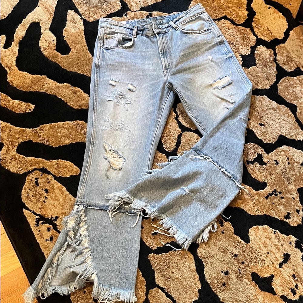 Zara Light Blue Distressed Flare Jeans